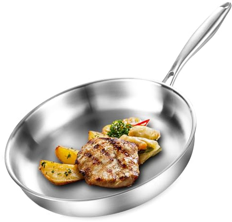 DELARLOCHEF Tre lager stekpanna i rostfritt stål 22 cm, snabb jämn uppvärmning, energibesparande, 21,8 cm induktionspanna, stekpanna i rostfritt stål för biff, ägg etc. Ugnssäker