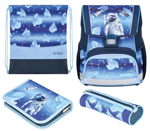 herlitz Schulranzen Set 4-teilig Loop Cosmic Explorer Blau 17 L Ergonomischer Tornister mit geringem Gewicht 1. Klasse Junge Mädchen Kinder, Astronaut
