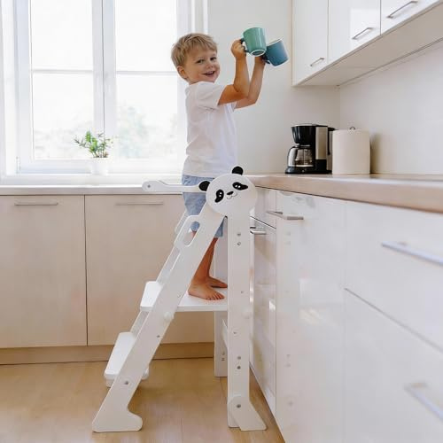 Bright Panda Montessori Foldable Learning Tower - 3-Level Adjustable Toddler Tower with Anti-Tipping Feet, Ultra-Stable with Thicker 1.8cm Birth Plywood, Includes Montessori Wooden Knife (White)