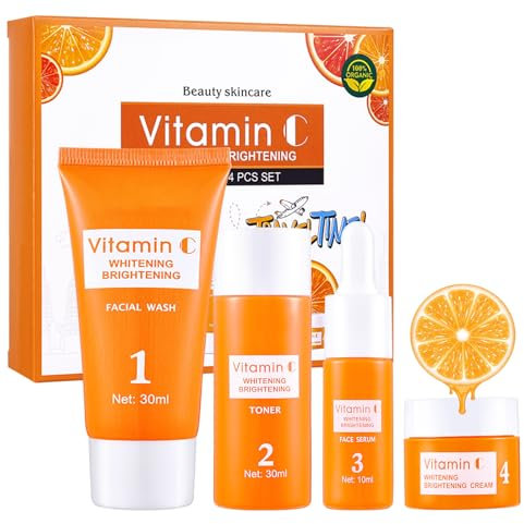 Set per la Cura Della Pelle Alla Vitamina C 4 Pezzi, Set Regalo per la Cura Della Pelle Donna, con vitamina C Crema, Detergente Viso, Siero, Tonico Viso Idratante, Rassodante Idratante, Skin Care
