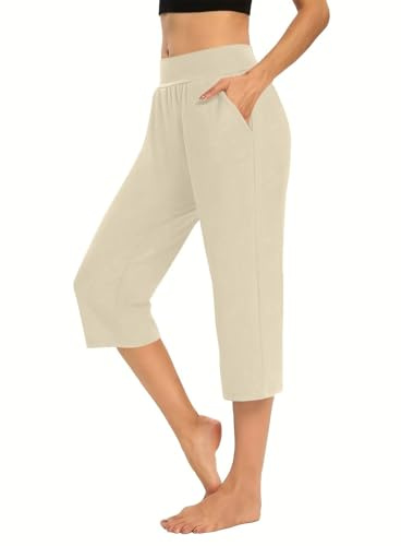 AMDOLE 3/4 Leggings for Women UK Capri Trousers Ladies Soft 3/4 Length Cropped Pants High Waist Stretch Bottoms Summer Golf Joggers Leggings with Pockets Elegant Trouser Office Business Beige M