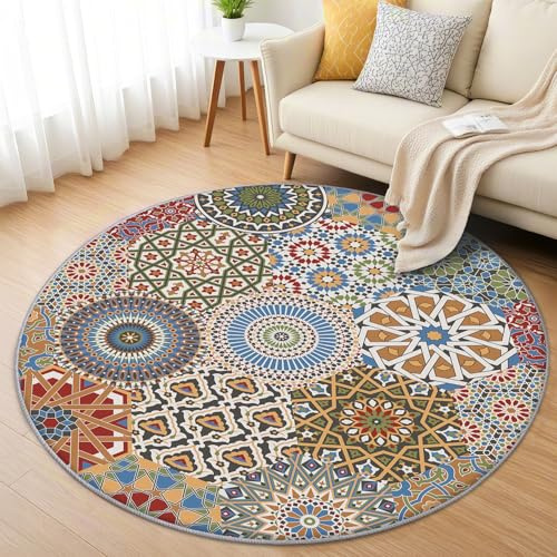 AevuCub Mandala Teppich Rund 160 Kurzflor - Waschbare Teppiche Wohnzimmer Bohemian - Runder Teppich 160 Durchmesser Kinderzimmer - Bettvorleger Schlafzimmer rutschfest Weich