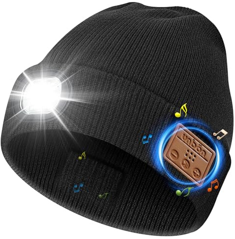 UNBON Cadeau Homme Original Utile, Idée Cadeau Noël, Bonnet Bluetooth Homme avec Lampe Frontale Puissante, Bonnet LED Connecté Bluetooth Musique, Cadeaux Noël Anniversaire Hommes, Noir