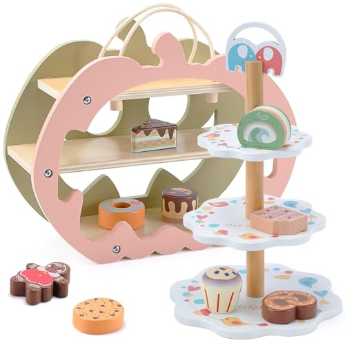 cute stone Set da Tè in Legno per Bambini, Gioco di Imitazione con Espositore Doppio Lato, Cupcakes e Dessert, Giocattolo da Cucina per Ragazzi e Ragazze 3-6 Anni