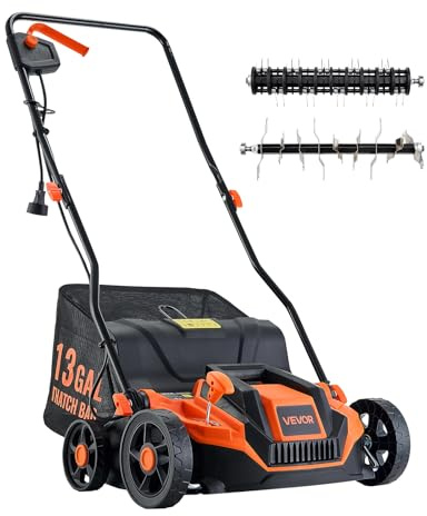 VEVOR 2-in-1 Electric Dethatcher and Scarifier, 13-Inch 13 Amp, Corded Lawn Dethatcher with 13-Gallon Thatch Collection Bag, 5-Position Depth Adjustment, Walk Behind Machine for Garden Yard Grass