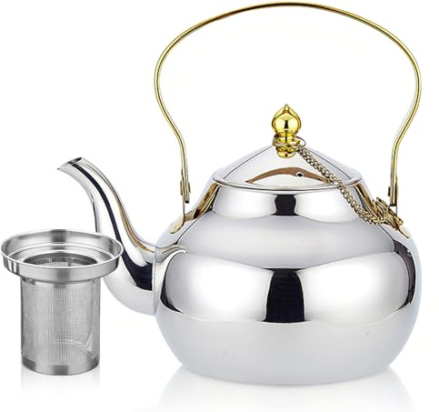 GOMETY Teiera in acciaio inox da 1,2 litri con inserto colino, teiera in acciaio inox con manico del colino dorato, adatta all'induzione, caffettiera stile moderno e minimalista, bollitore a induzione
