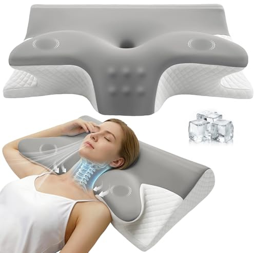 Honfay Almohada Cervical Ergonómica 2 en 1 de Espuma Viscoelástica con Reposabrazos, Altura Ajustable para Dormir de Lado, Boca Arriba y Boca Abajo, 60x42x14/12cm (Gris)