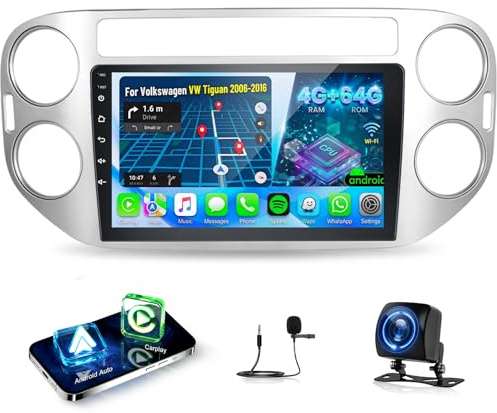 4G+64G Android Autoradio per Volkswagen VW Tiguan 2006-2016 con Wireless Carplay & Android Auto, Schermo Touch IPS 9 pollici con GPS, WiFi, 32EQ, Bluetooth 5.0, Radio FM/RDS
