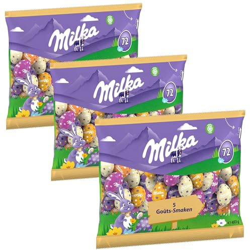 Milka - Assortiment de Petits Œufs de Pâques en Chocolat - Mix de 5 Goûts - Lait, Lait Praliné, Blanc Praliné, Biscuit, Chocolat Blanc - Chocolat à Offrir - 3 Sachets de 453 g