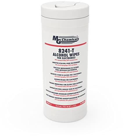 MG Chemicals 8241-T 70/30 IPA Multi-Use, Food Safe Cleaning, Presaturated Wipes for Surfaces, alcohol wipes (Tub of 75 wipes)