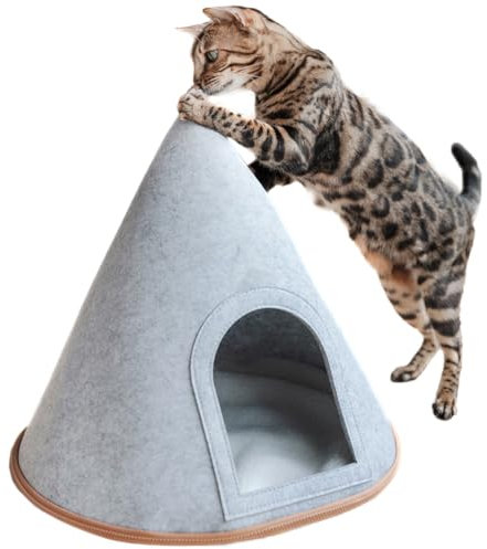 CanadianCat Company | Katzen Tipi Zelt für Haustiere Katzenzelt Cone Katzen Tipi, XL Katzenhöhle aus Filz inkl. Flauschkissen, hellgrau, 45 x 45 x 50 cm