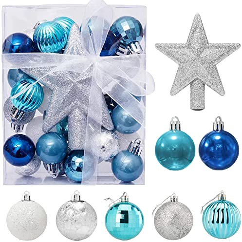 30 Stück Mini Weihnachtskugeln mit Aufhänger,3CM Klein Christbaumkugeln Blau & Silber Kugeln Mini Weihnachtsbaum Tisch-Weihnachtsbaum Dekorationsset