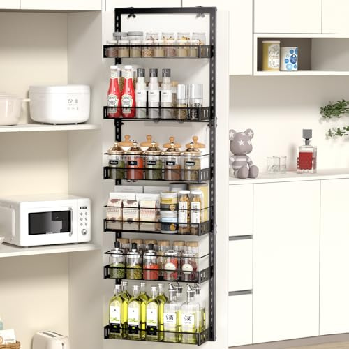 TOPWE Estantería de Especias para Puerta, Organizador de Almacenamiento Ajustable de 6 Niveles, Estanterías de Organizador para Puerta, Estantería Metálica Colgante para Especias del Baño, Negro