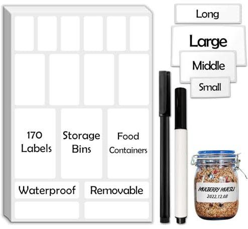 JIEHENG 170Pcs White Removable Labels for Jars,for Storage Bins,for Food Containers with 2 Liquid Chalk Marker(White)
