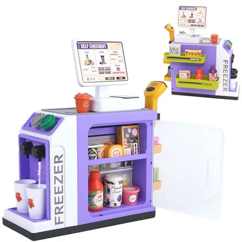 46 Stück Spielkasse Kinder mit Scanner und Spielgeld, Kasse Spielzeug, Spielzeugkasse das Wasser abgeben kann, Rollenspiel Spielzeug für Kinder 3 4 5 Jahren(Violett)