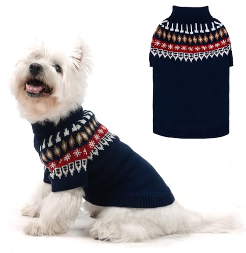 EXPAWLORER Turtleneck Dog Jumper - Knitted Dog Clothes in Classic Fair Isle Patterns, Warm Comfortable Puppy Jumper Pet Sweater with Sleeves, Winter Pet Outfit Pullover for Dogs Cats, Blue S-M