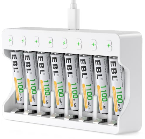 EBL Rechargeable AAA Batteries with Camcorder Battery Charger, 1100mAh NiMH, 1.2V, Recharge up to 1200x Times, Triple A Batteries for Remote Cordless Phone (8 Pack)