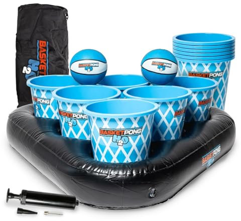 BasketPong H2O â Inflatable Pool Pong Game with Buckets and Balls, Water Yard Game for Outdoor Fun, Lawn, Beach, or Backyard â Includes 12 Buckets, 2 Balls, Floats, Bag, and Air Pump