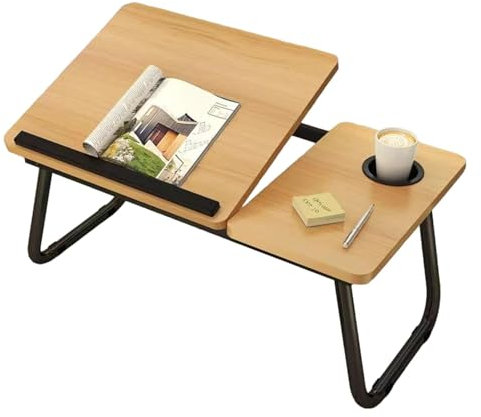 Justerbart sängbord – bärbart skrivbord, hopfällbart arbetsbord, kompakt frukostbricka, mångsidig matbricka, sängbord i valnöt med mugghållare för domici-skrivbord