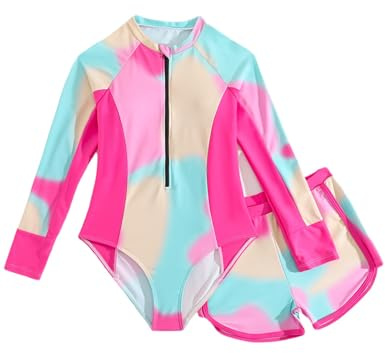 JiAmy Ensemble Maillot de Bain Fille 2 Pièces Anti-UV Manches Longues Short Imprimé Tie-Dye pour 10 Ans