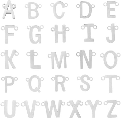 SUNNYCLUE 1 scatola Da 26 pezzi 304 ciondoli In Acciaio Inossidabile con Alfabeto Ciondoli con Lettere Dells'Alfabeto Connettori In Metlega con Doppi Anelli Iniziali AZ per La Creazione di Gioielli Fo