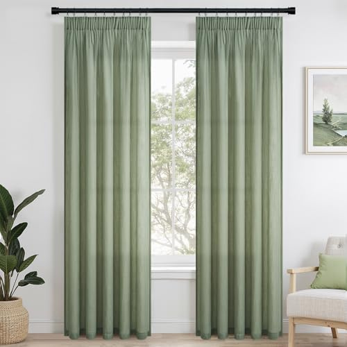 Topfinel Gardiner, salviagrönt linne, 245 x 140 cm, gardiner, vardagsrum, dekoration, gardin med veckband, halvtransparent voile-gardin för skensystem, set om 2
