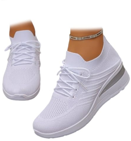 Zapatos deportivos de plataforma para mujer, con tacón de cuña de malla transpirable, suela ligera y suave, zapatos para caminar, White, 44 EU