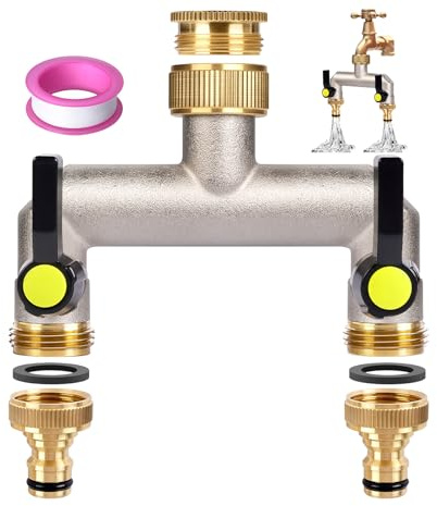 ilauke 2 Way Tap Splitter 3/4 Inch Brass Garden Multi-Functional Hose Connector, with Extended Handle 48mm and 3/4 to 1/2 Connector Create 2 Circuits on a Single Tap for Outdoor Garden Lawn Kitchen
