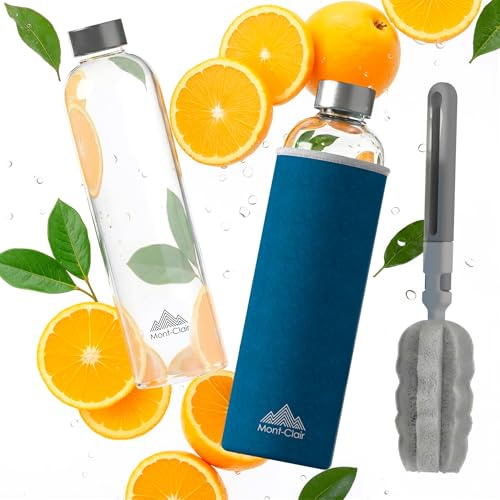 Mont-Clair Kristal Botella cristal de agua 750ml - Botella vidrio borosilicato con funda de neopreno - A prueba de fugas + sin BPA - Bebidas frías y calientes - Ideal para viajes y gimnasio - Azul