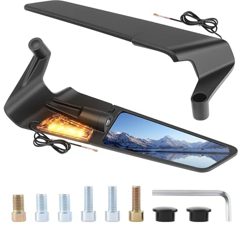 Liwogi 1 Paio Specchietti Retrovisori Aerodinamico Moto Specchietti Laterali per Moto con Luce LED, 10 mm/8 mm Filettatura, Regolabile 360°/210°