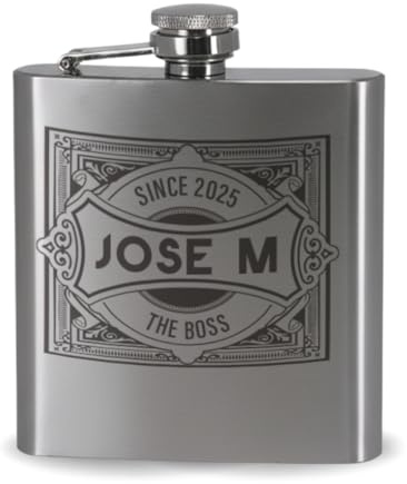 DEREGALOOS Petaca Personalizada con Grabado Laser. 9 Diseños a Elegir. Frases Divertidas, Romántico, Iniciales o Nombres. Regalo Elegante con Vasos y Embudo (Etiqueta)