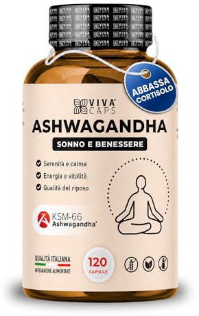 VIVACAPS Ashwagandha ksm-66 alto dosaggio 1200mg per abbassare il Cortisolo 120 Cps, Ashwagandha per stanchezza mentale e stress - Made in Italy