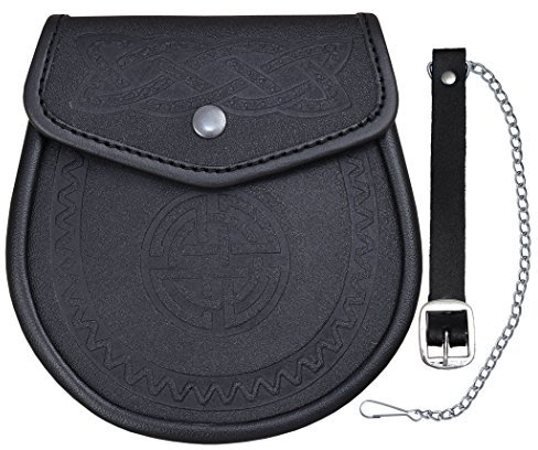 Aokitec Felltasche - Keltisches geprägtes Leder, Traditionelles schottisches Portemonnaie, Glattes Finish, Schwarz, Ledertasche, 17,8 x 19,1 cm, Inkl. Gürtelkette für Hüftumfang 71,1-127 cm