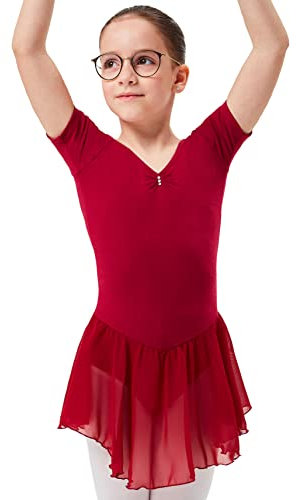 tanzmuster ® Ballettkleid Mädchen Kurzarm - Betty - aus Baumwolle mit Glitzersteinen und Chiffon Röckchen in burgunder, Größe:128/134