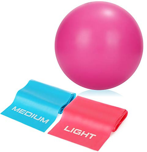 com-four® 3-teiliges Fitness-Set - Kleiner Rutschfester Pilates Ball und 2 Therabänder für zu Hause und unterwegs - Gymnastikball und Resistance Bands für Pilates und Yoga (pink)