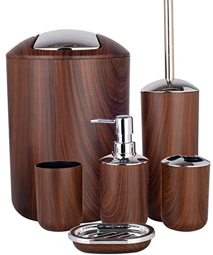 Bathroom Accessories Set 6 Piece Plastic Bath Ensemble Soap Dispenser Toothbrush Holder, Tumbler Soap Dish Soap Saver Trash Can Toilet Brush Holder Decorative Countertop Bathroom Accessoy Set (Brown)