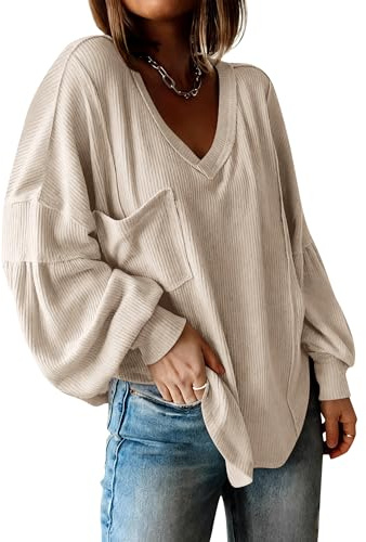 BTFBM Womens Fall Fashion 2026 Long Sleeve Shirts Casual V Neck Ribbed Knit Blouses Pullover Trendy Loose Fit Tunic Tops(Apricot, Medium)