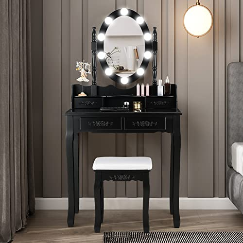 RELAX4LIFE Toeletta Trucco con Luci, Postazione Trucco con Sgabello e Specchio Girevole a 360°, Luminosità Regolabile, Tavolo da Trucco per Camera da Letto (Nero, 75 x 40 x 145cm)