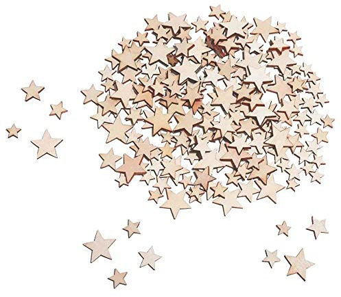 CUWELT 700pcs Mini Wooden Stars Slices, Mixed Size Wooden Star 10/12/15/20mm, Embellishments Mini Star Natural Tags for Christmas Wedding Party DIY Crafts Table Scatter Decoration