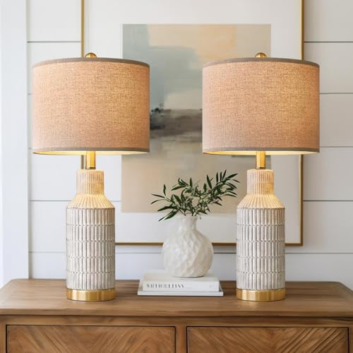 USumkky 25 Table Lamps Set of 2 - Modern Bedside Lamps for Living Room - White Washed Ceramic Nightstand Lamps for Bedroom