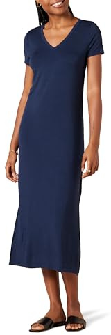 Amazon Essentials Abito Midi a Maniche Corte con Scollo a V in Jersey Donna, Blu Marino, M