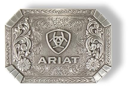 ARIAT Rectangle Buckle with Western Floral Engraving and Emblem, Antique Silver Finish, 2-1/2 x 3-5/8