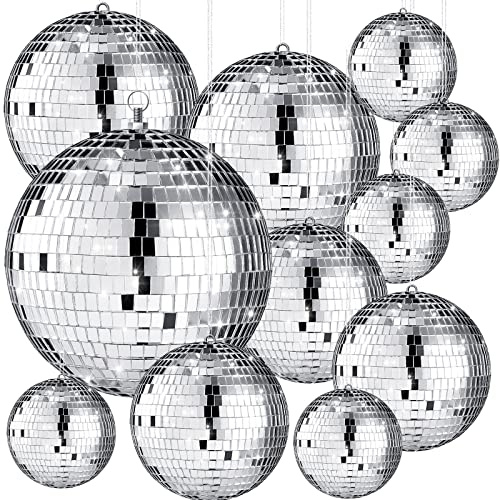 Libima 12 Pack Bulk Large Disco Ball Decorations, Silver Mirror Hanging Disco Balls Ornaments for Christmas Tree, Mothers Day, 70s 80s Party, Wedding, Prom, DIY Decor(8'', 6'', 4'', 3'')