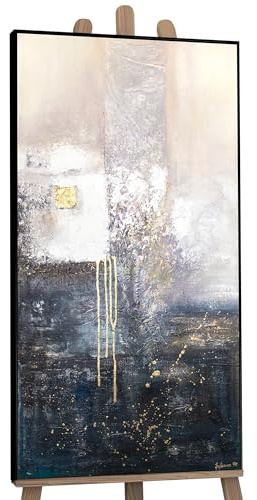 YS-Art Pintado en acrílico Fragmento Pintura abstracta sobre lienzo Cuadros contemporáneos en colores oscuros oro Tonos grises con marco 120x60 cm