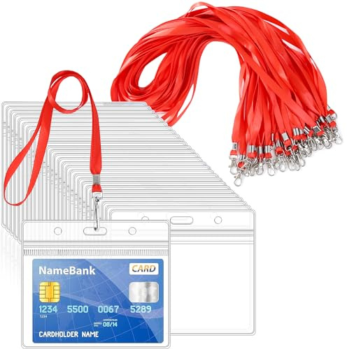 50pcs Red Lanyards for Neck with 50pcs Card Holder, Clear Plastic ID Card Holder and Lanyard, Horizontal Sealable Waterproof Name Badge Holders with Lanyard for ID Cards, Office, School, Bus Passes
