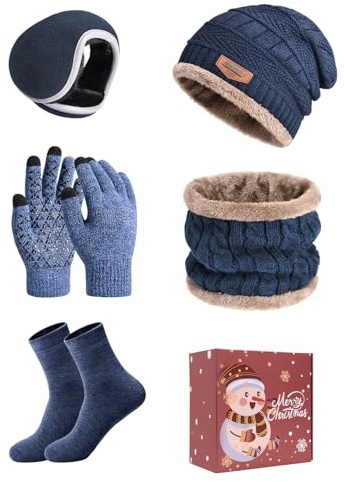 heekpek Mens Hat Scarf Glovers Set Unisex 5PCS Winter Set in Gift Box Fleece Lining Knitted Beanie Hat Earmuffs Neck Warmer Knit Gloves Thermal Socks Gift Set for Skiing Hiking Driving, Navy