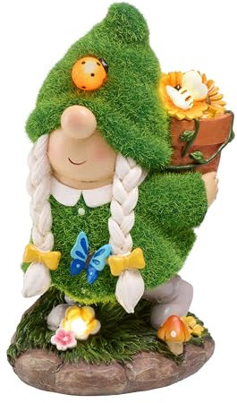 TERESA'S COLLECTIONS Gartenzwerge Gartendeko für Draußen,20cm Wetterfest Figur mit Solarleuchte,Blumenpflücken Gartenfiguren draußen aus Kunstharz,Garten Deko Solar