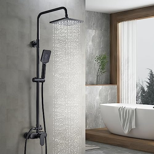 Namuoto Colonne de Douche Noir avec Mitigeur Monocommande, Hauteur Réglable Ensemble de Douche avec Douchette, Pommeau de Douche et Barre de Douche, Systeme de Douche Pluie pour Salle de Bain