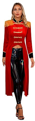 YiZYiF Femme Déguisement Cirque Costume Monsieur Loyal Manches Longues Médiéval Veste Cirque Blazer Queue de Pie Jacket Coat Veste Manteau Soirée Fête S-3XL Rouge A XL