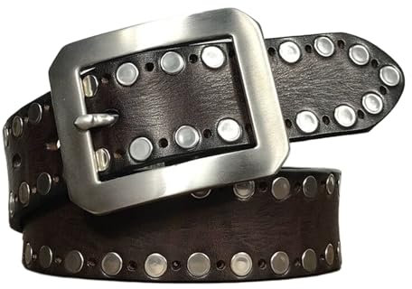WRJAHCG Cinturones Hombre Remaches, Cinturón Tachonado Punk Rock, Cinturón Rivet Hip-Hop Ajustable de Cuero Genuino con Hebilla Metálica en Acero Inoxidable,Marrón,120CM/47.3''